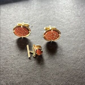 Vintage Anson marked oval gold tone drusy look center cuff links & tie tack set